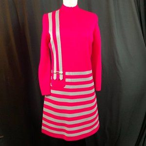 Vintage Marco Polo Imports Virgin Acrylic 1970's Mod Neon Fuchsia & Grey Dress